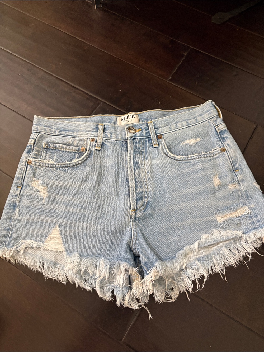 Agolde Light Wash Distressed Denim Cutoff Shorts
